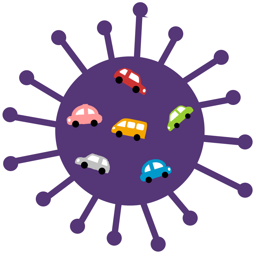 Covid19 icon with 6 cars inside the COVID19