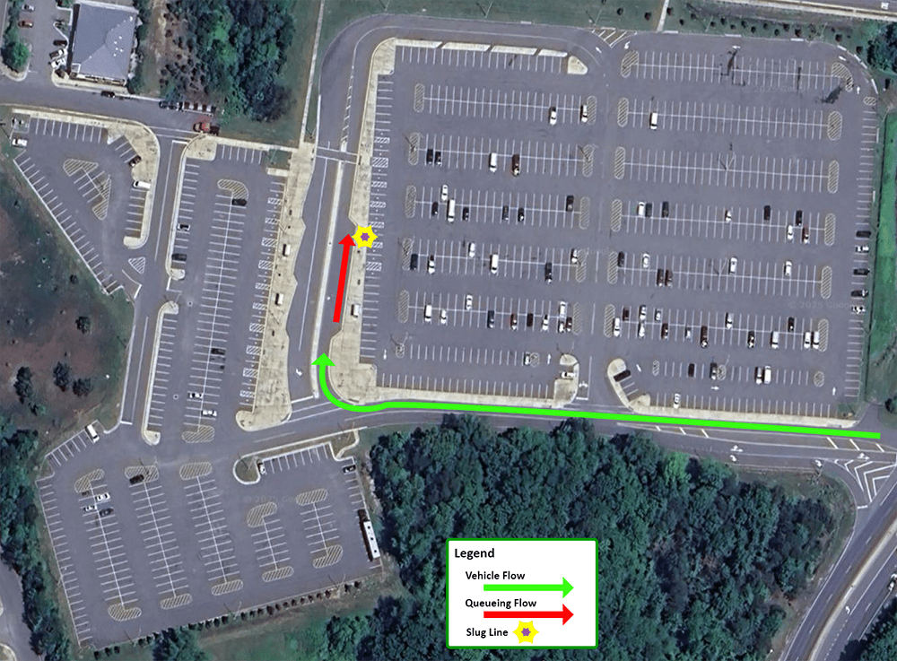 A map showing Rt. 3 with flows for vehicles and queueing.