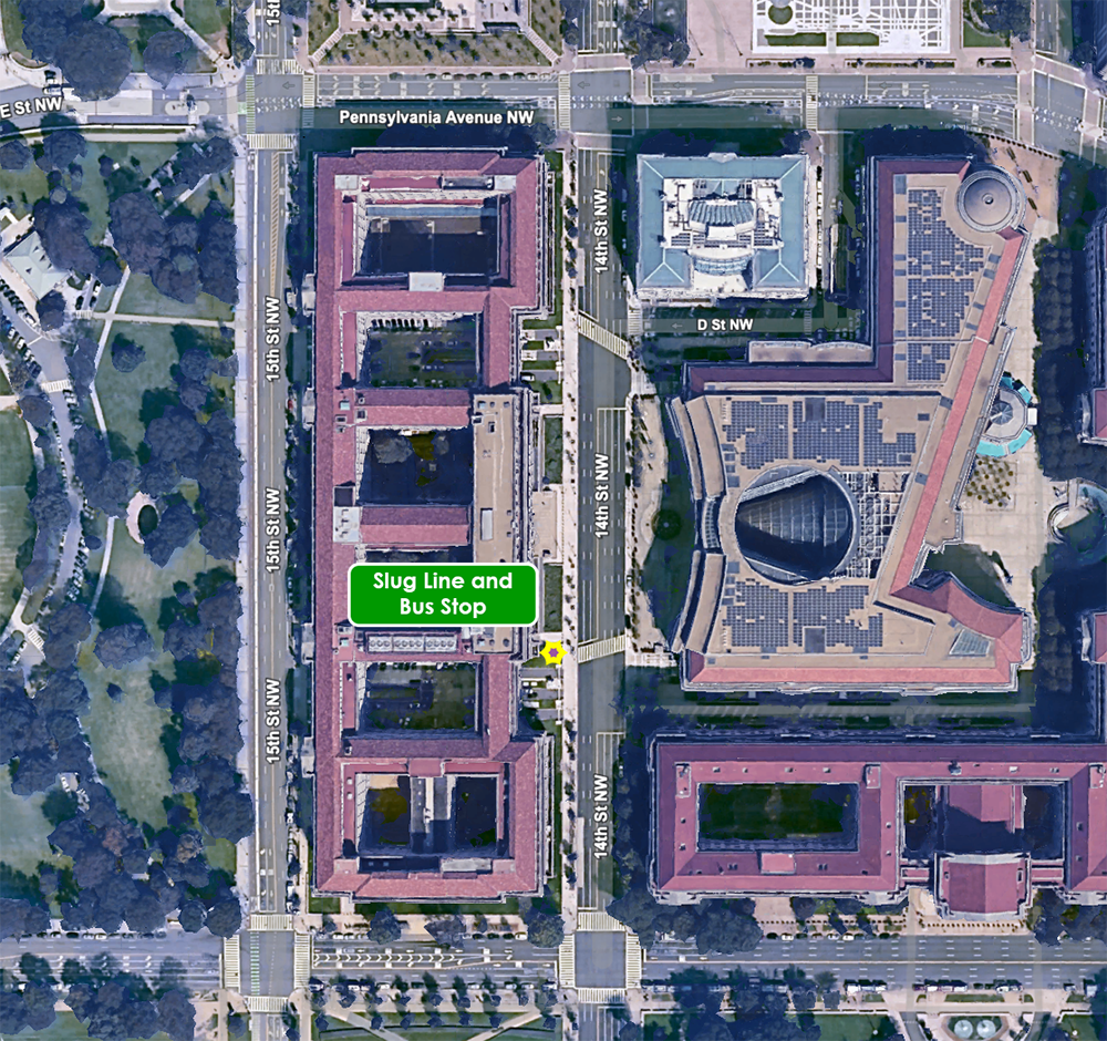 A map of a building which is Dept of Commerce with slug line pick up spot shown.
